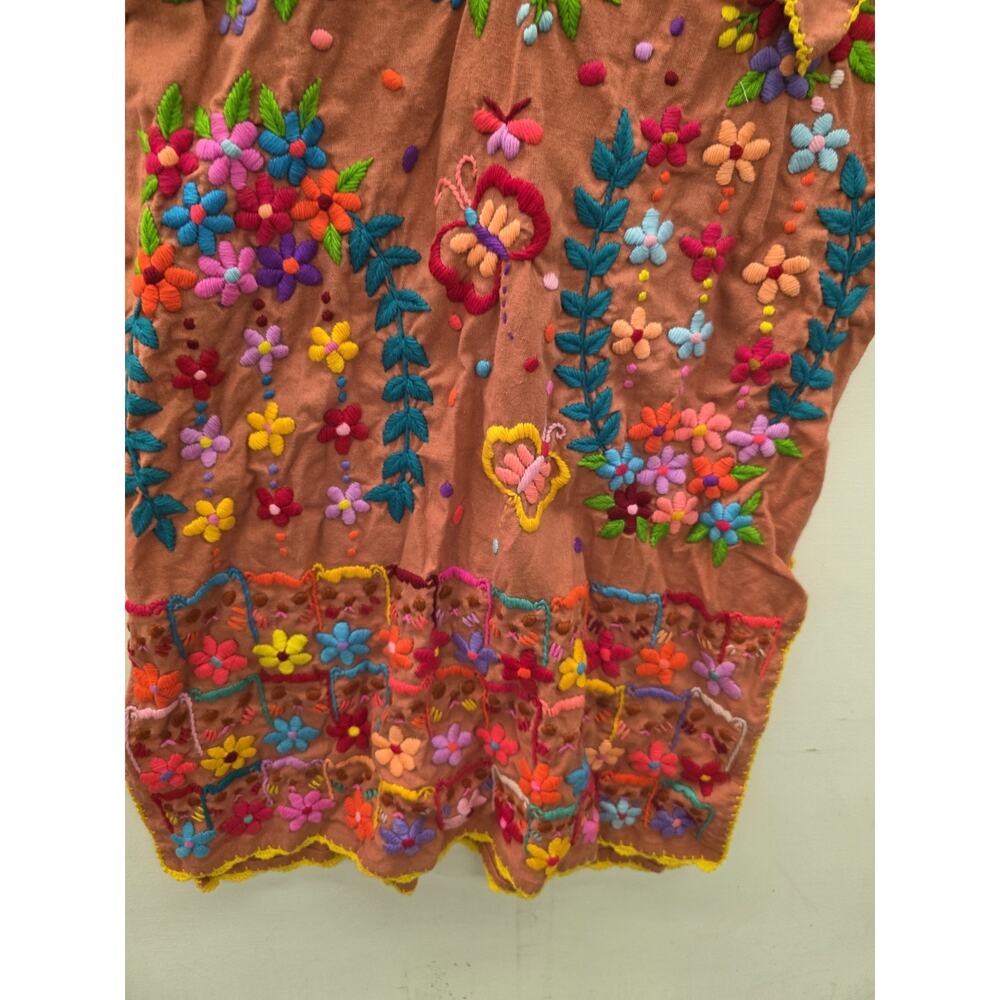 MEXICAN Handmade Embroidered DRESS Orange Cotton Size Medium - Picture 3 of 7